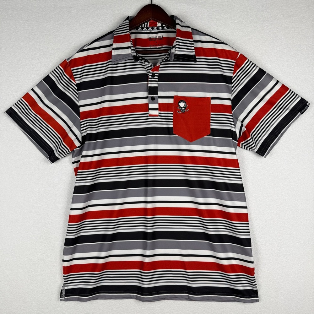 Tattoo Golf Mens L ProCool Performance Stripe Polo Shirt Chest Pocket Skull - Picture 2 of 11